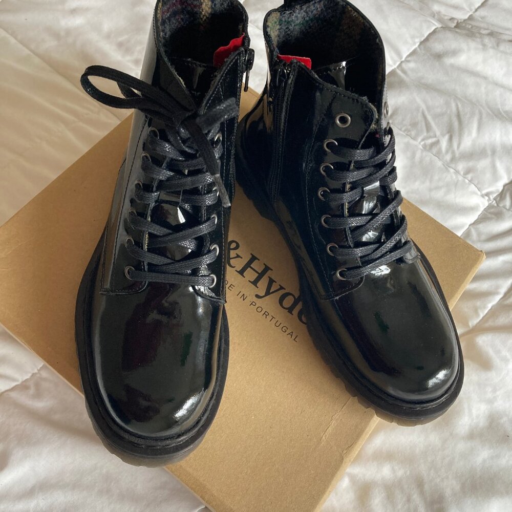 Oak & Hyde Boots | Black Patent Leather Combat Lace-Ups | UK Brand, Size 38